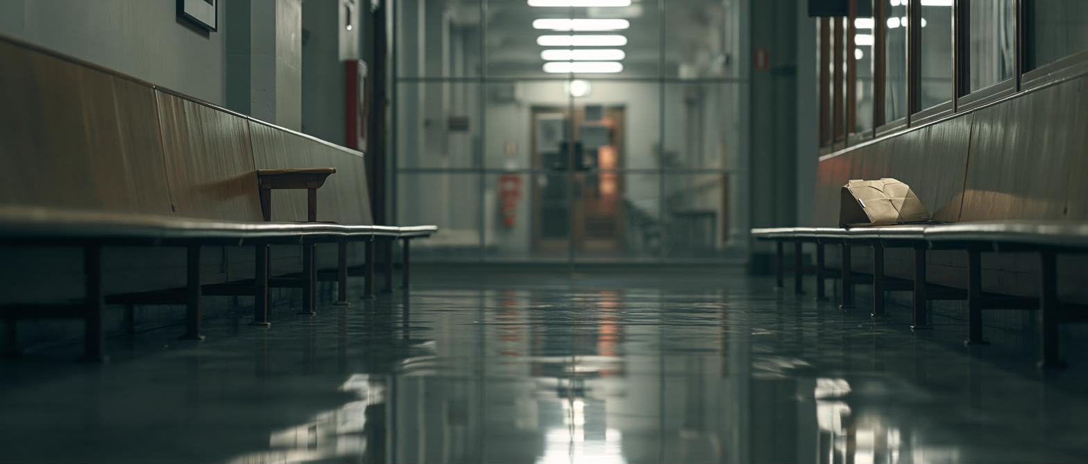 A long institutional corridor, a single figure at the far end.