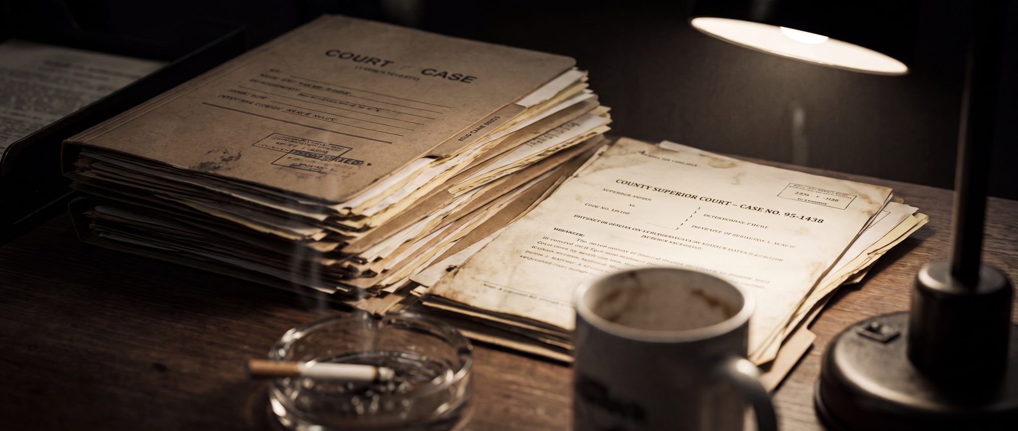 Court case files stacked beneath a desk lamp.