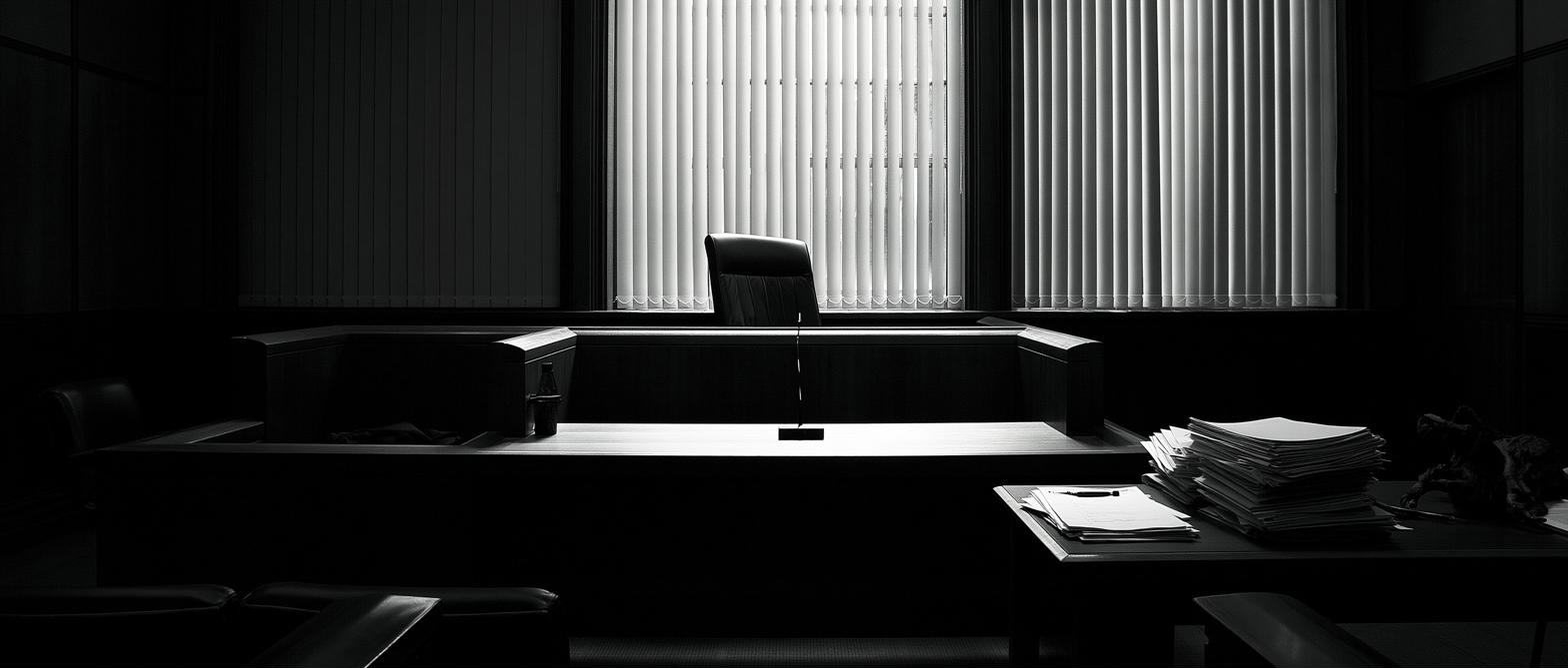 A dark, empty Australian courtroom seen from the public gallery.