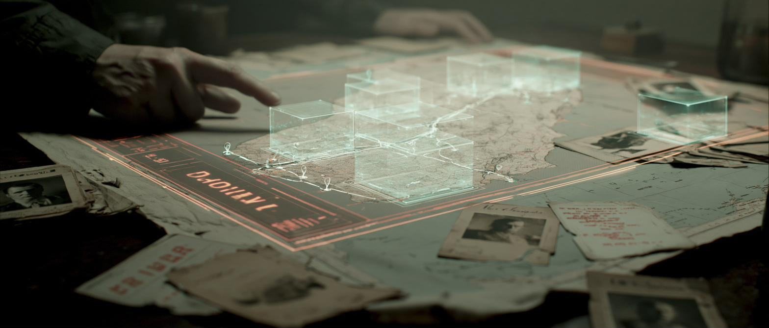 An investigation interface projected over an evidence table.