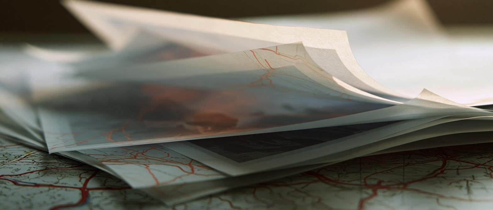 Layers of translucent evidence paper stacked over a road map.