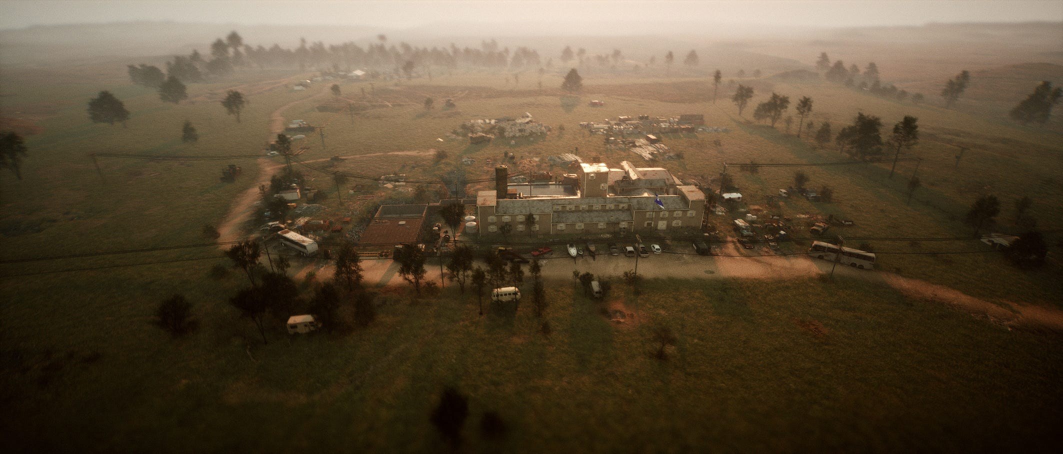 A fully CGI aerial recreation of the Mount Carmel compound at dawn, built for Waco: American Apocalypse.