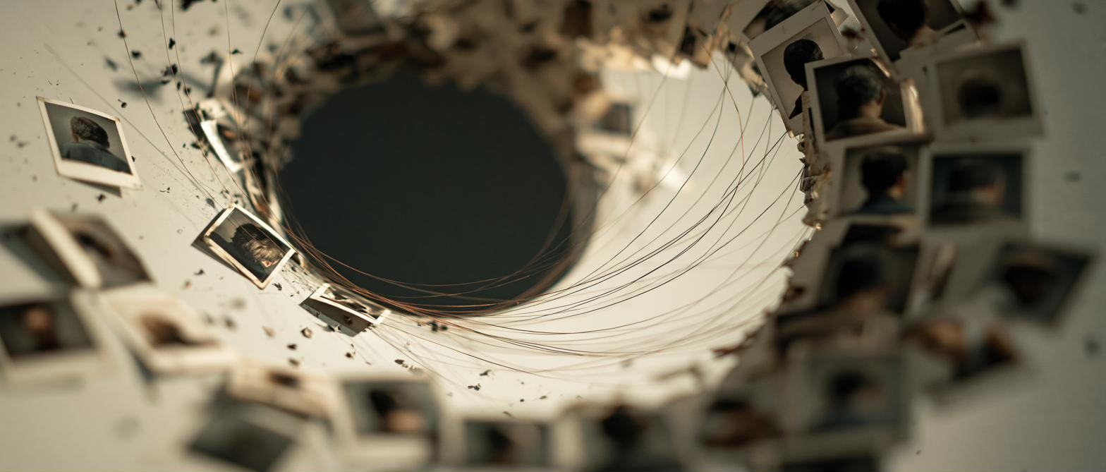 A spiral vortex of small photographs collapsing toward a dark centre.