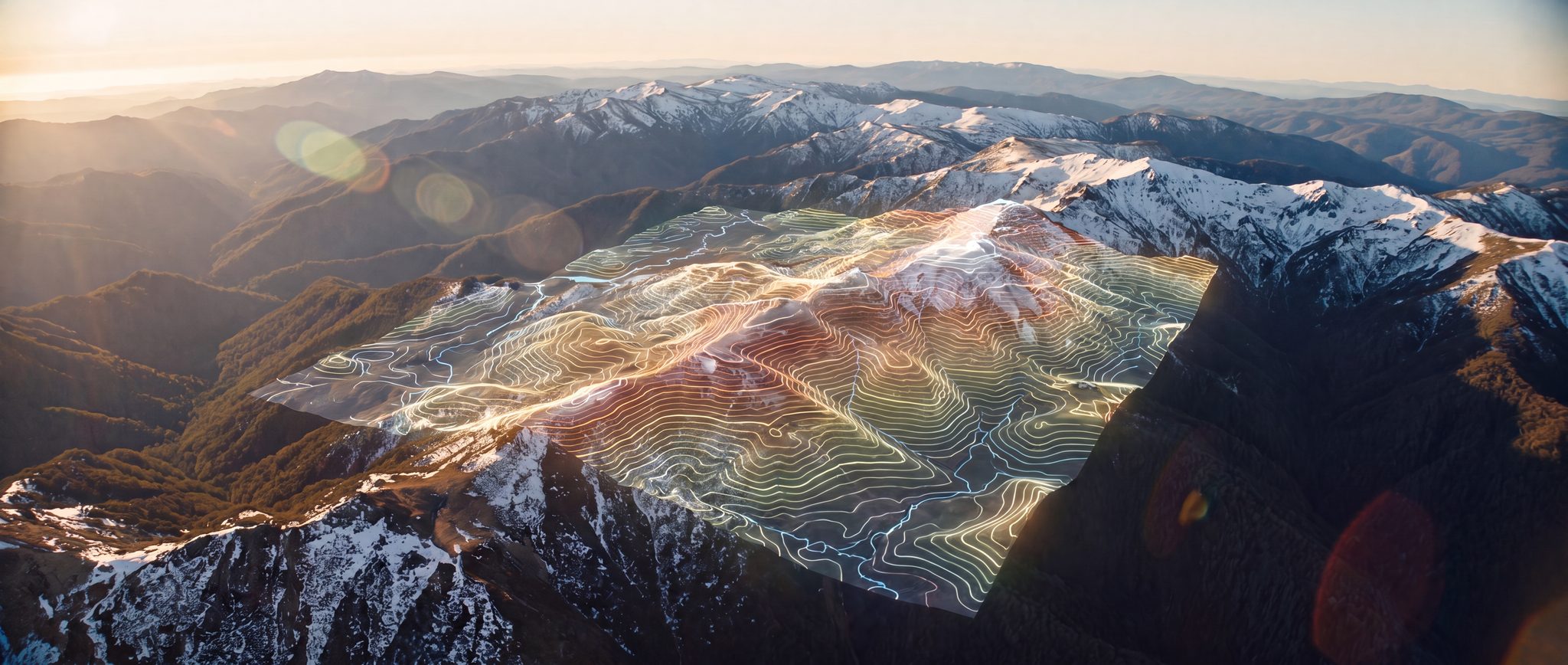 A luminous contour survey projected across the High Country ranges.