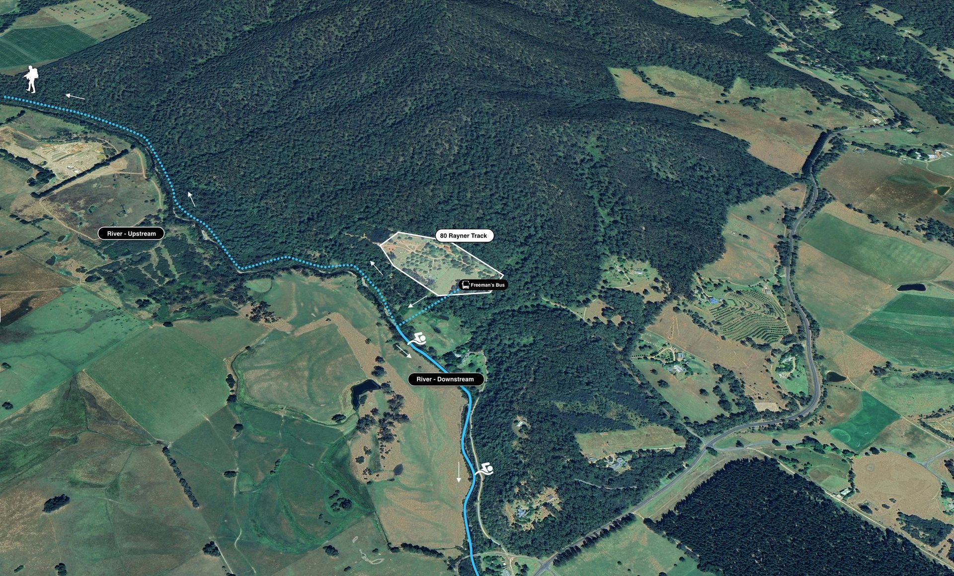 Published satellite map of the Rayner Track property showing the river escape theory, upstream and downstream.