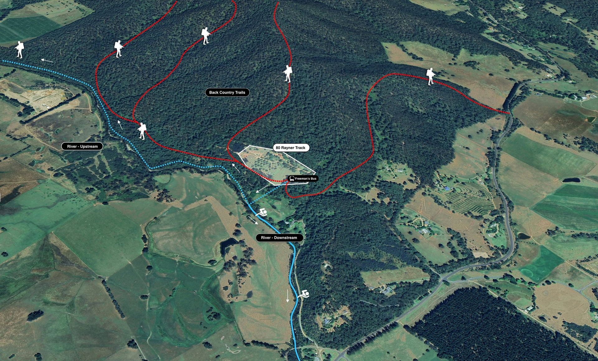 The same map with the back country trail theories added.