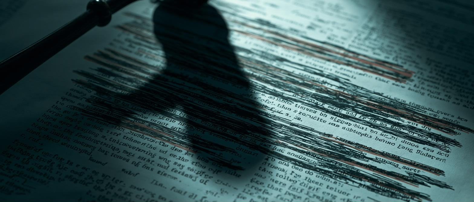 Court transcript pages covered in black redaction bars.